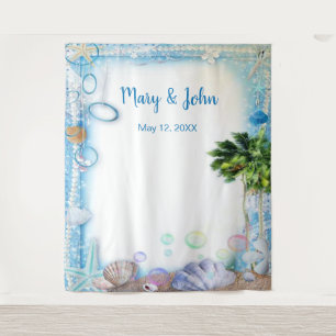Tropical Beach Seashell Wedding Photo Backdrop Tapestry