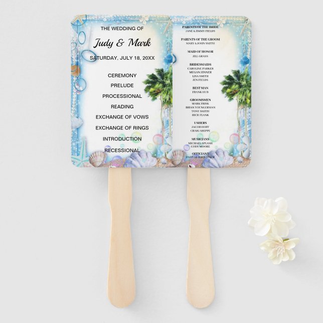 Tropical Beach Seashell Wedding Program Fans (Front and Back)