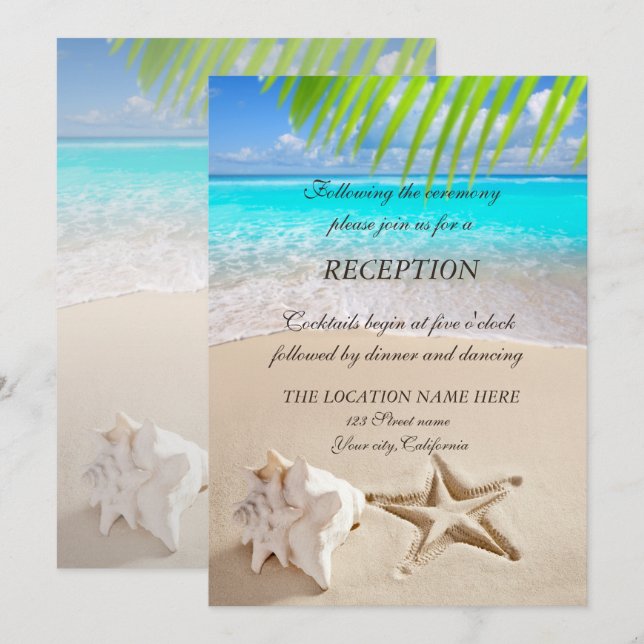 Tropical Beach,Seastar,Seashell  Reception Invitation (Front/Back)