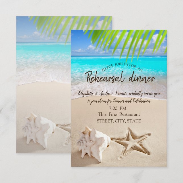 Tropical Beach,Seastar,Seashell Rehearsal Dinner Invitation (Front/Back)