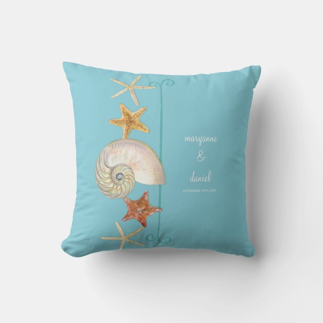 Tropical Beach Shells Starfish Nautilus Summer Throw Pillow (Front)