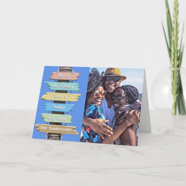 Tropical Beach Sign  Photo Christmas Holiday Card (Front)
