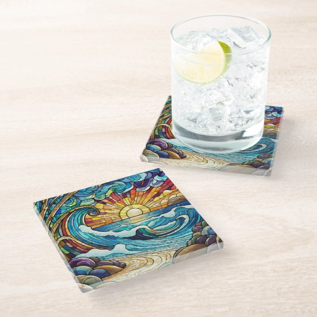 Tropical Beach Stained glass art Glass Coaster (Angled)