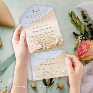 Tropical Beach Starfish and Shells Wedding All In All In One Invitation