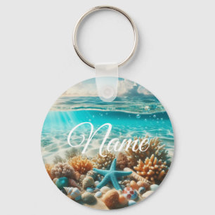 Tropical Beach Starfish Customizable Name Keychain