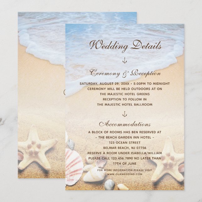 Tropical Beach Starfish Mariage Détails Carte (Devant / Derrière)
