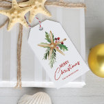 Tropical Beach Starfish Merry Christmas Gift Tags<br><div class="desc">Add the finishing coastal touch to your holiday gifts with these delightful tropical beach Merry Christmas gift tags,  featuring a watercolor starfish decorated with holly leaves,  berries,  and pine sprigs,  and trendy modern handwriting script.</div>