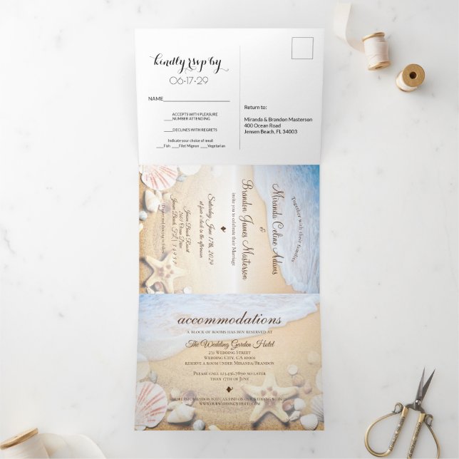 Tropical Beach Starfish Summer Wedding Tri-Fold In Invitation (Inside)