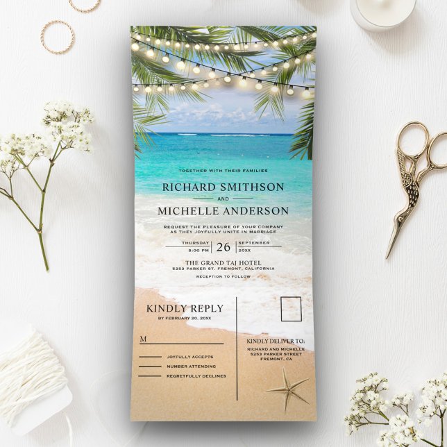 Tropical Beach String Lights All in One Wedding Tri-Fold Invitation (Creator Uploaded)