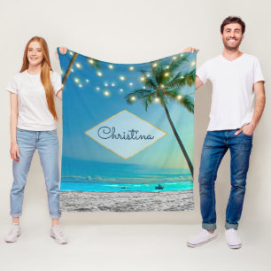 Tropical Beach String Lights Palm Trees Own Name Fleece Blanket
