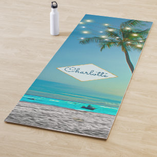 Tropical Beach String Lights Palm Trees Own Name Yoga Mat