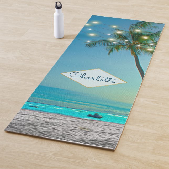 Tropical Beach String Lights Palm Trees Own Name Yoga Mat (In Situ)