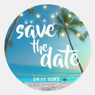 Tropical Beach String Lights Palm Trees The Date Classic Round Sticker