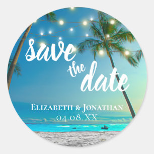 Tropical Beach String Lights Palms Save The Date Classic Round Sticker