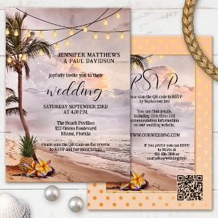 Tropical Beach String Lights QR Code Wedding Invitation