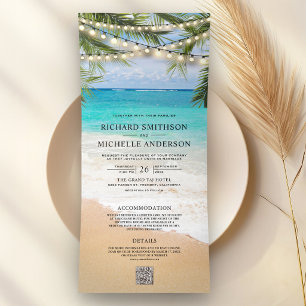 Tropical Beach String Lights QR Code Wedding Tri-Fold Invitation