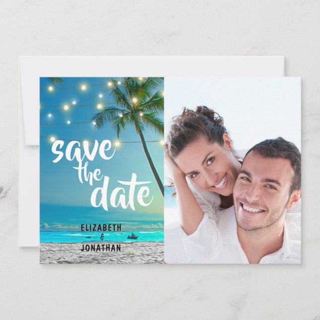 Tropical Beach String Lights Save The Date Photo (Front)