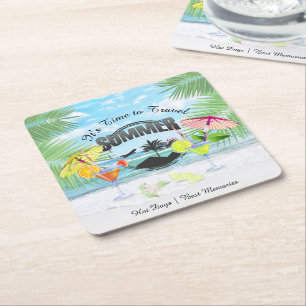 Tropical Beach, Summer Vacation   Personalized Square Paper Coaster
