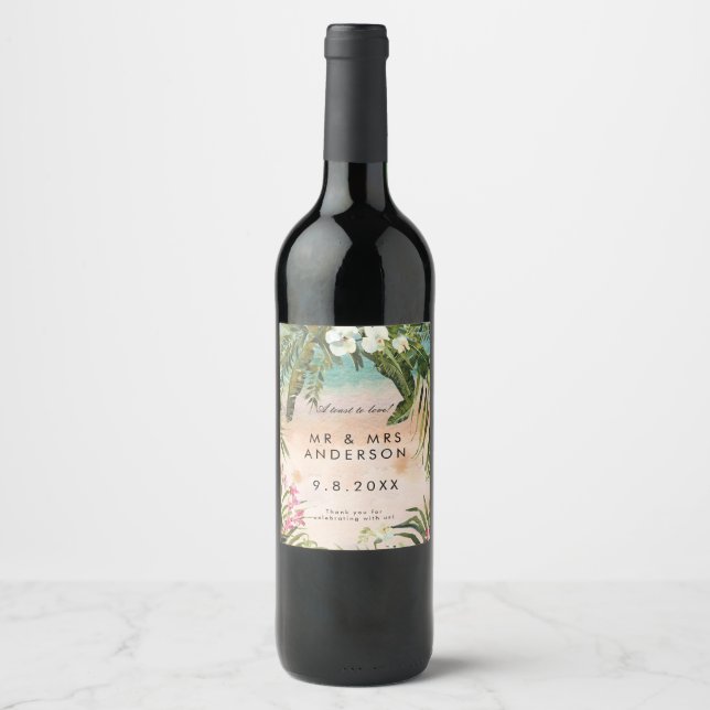 Tropical beach summer wedding party bottle wine label (Front)