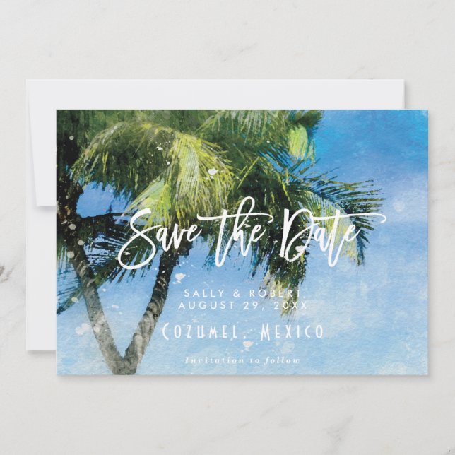 tropical beach summer wedding save the date card (Front)