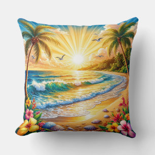 Tropical Beach Sunrise with Palm Trees, Waves Throw Pillow
