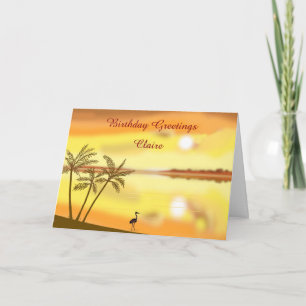 Tropical Beach sunset birthday, add name front Card