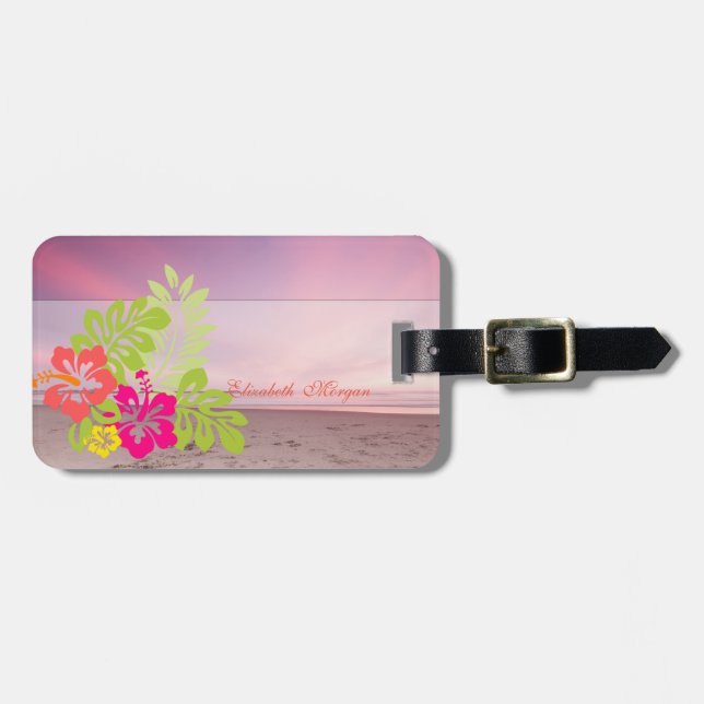 Tropical Beach Sunset Hawaiian Hibiscus Luggage Tag (Front Horizontal)