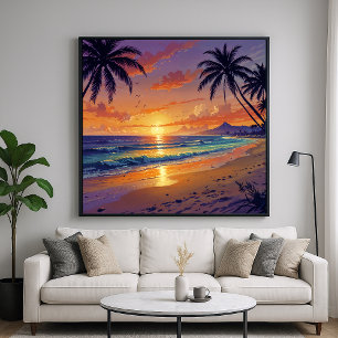 Tropical Beach Sunset - Illustration Style Art Poster
