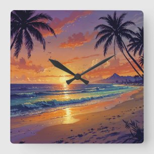 Tropical Beach Sunset - Illustration Style Art Square Wall Clock