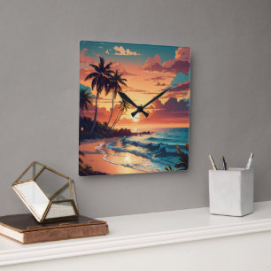 Tropical Beach Sunset Large Square Wall Clock