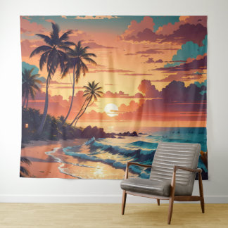 Tropical Beach Sunset Large Tapestry