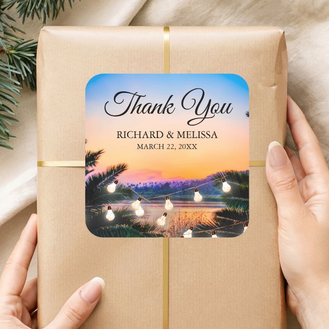 Tropical Beach Sunset Lights Wedding Thank You Square Sticker (Creator Uploaded)