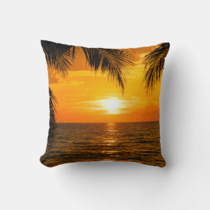 Tropical Beach Sunset Palm Illustration Throw Pillow