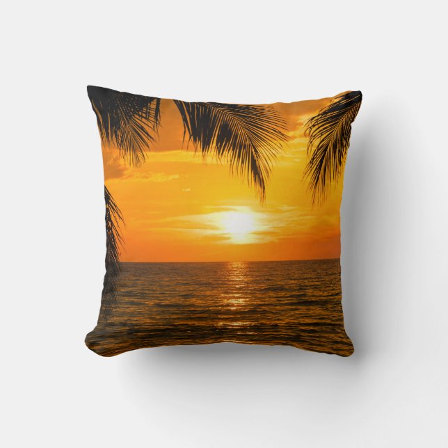 Tropical Beach Sunset Palm Illustration Throw Pillow (Front)