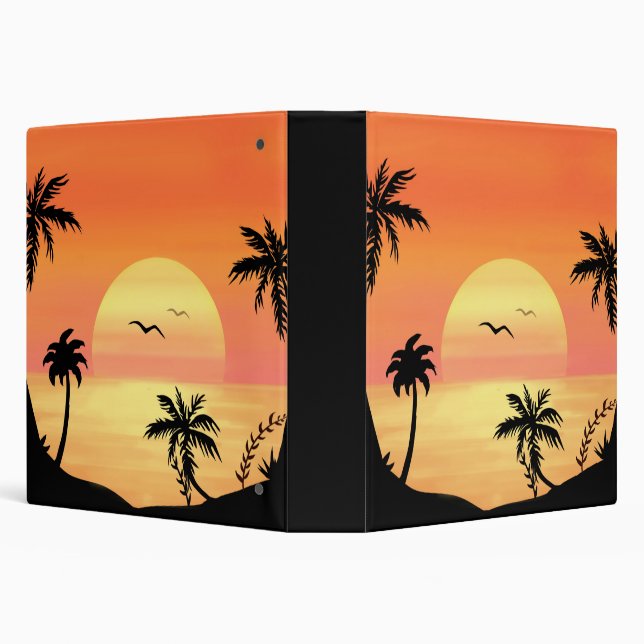 Tropical Beach Sunset Palm Tree Silhouette Art Binder (Background)