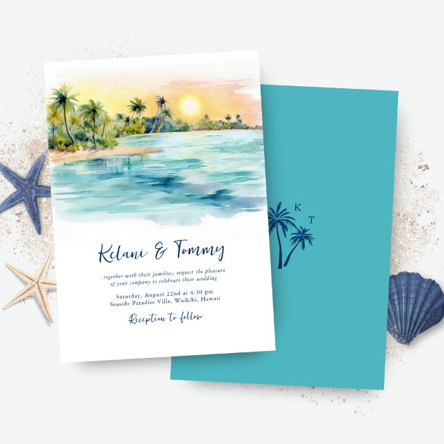 Tropical Beach Sunset & Palm Tree Wedding Invitation (Creator Uploaded)
