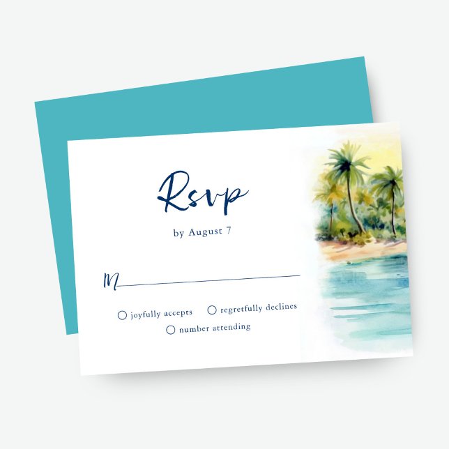 Tropical Beach Sunset & Palm Tree Wedding RSVP Card (Creator Uploaded)