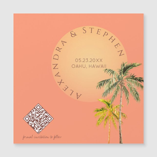 Tropical Beach Sunset & Palm Trees Minimal Wedding Magnetic Invitation (Front)