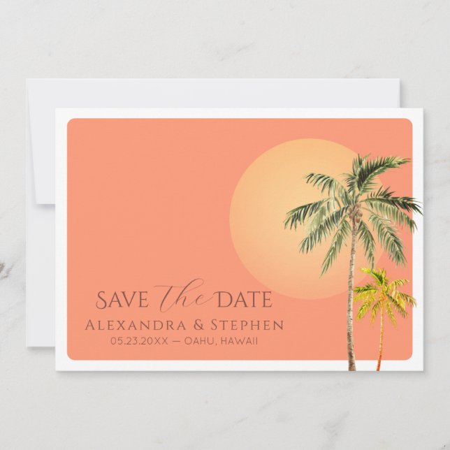 Tropical Beach Sunset & Palm Trees Minimal Wedding Save The Date (Front)