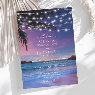 Tropical Beach Sunset String Lights Wedding Invitation