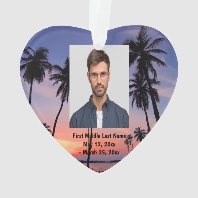 Tropical Beach Sunset Sun Dated Photo Custom Ornament (Back)