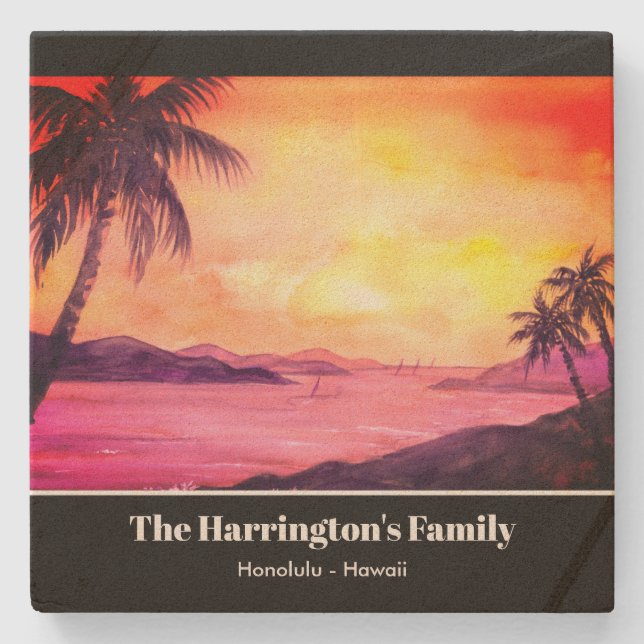 Tropical Beach Sunset Watercolor Farida Greenfield Stone Coaster (Front)