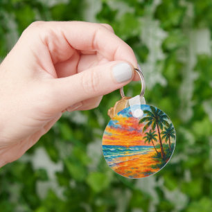 Tropical Beach Sunset Watercolor Keychain