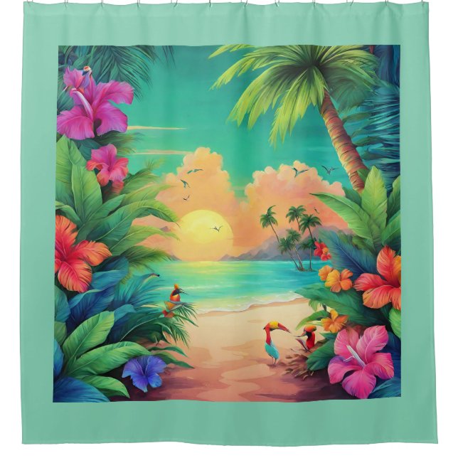 Tropical Beach Sunset with Hibiscus Flowers  (Front)