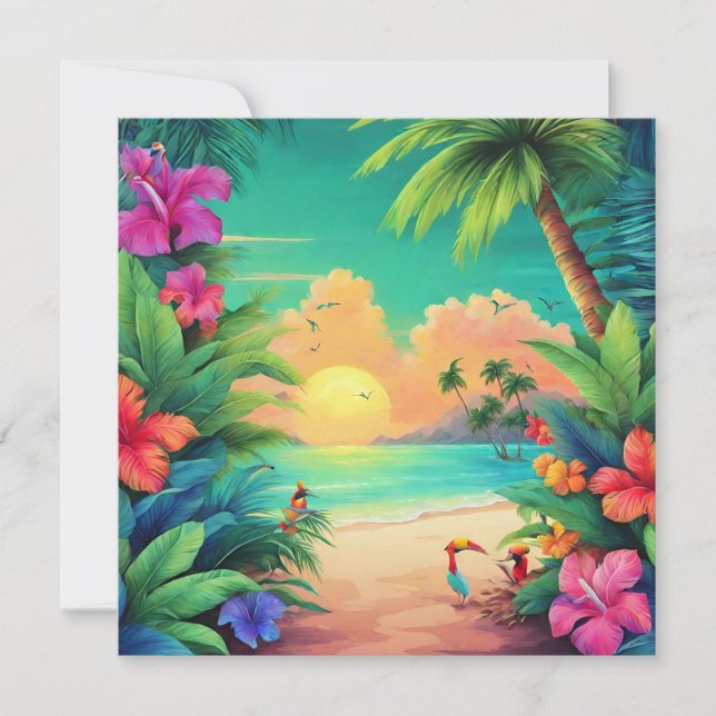 Tropical Beach Sunset with Hibiscus Flowers  Card (Front)