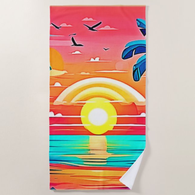 Tropical Beach Sunset with Rainbow Beach Towel (Front)