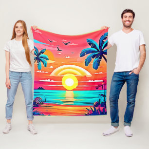 Tropical Beach Sunset with Rainbow Fleece Blanket