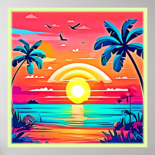 Tropical Beach Sunset with Rainbow Poster