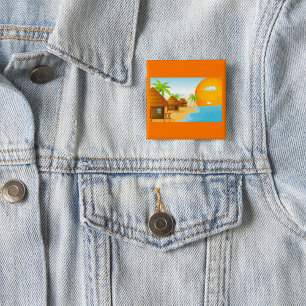 Tropical Beach Sunset with Thatched Huts  2 Inch Square Button
