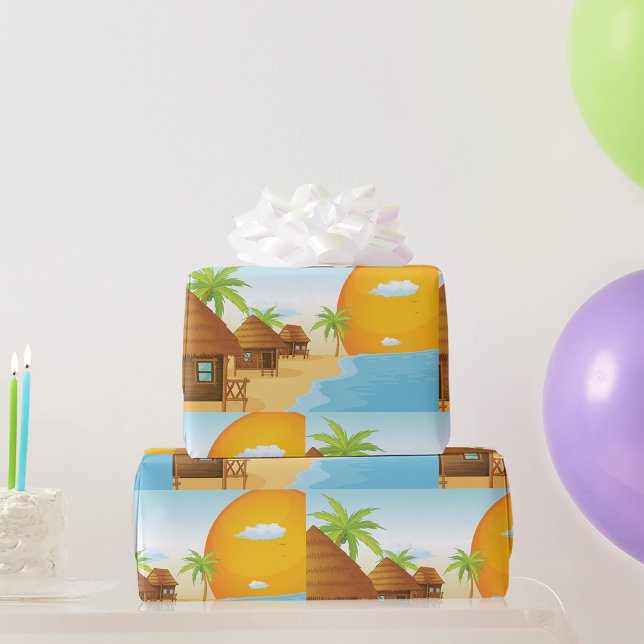 Tropical Beach Sunset with Thatched Huts  Wrapping Paper (Creator Uploaded)